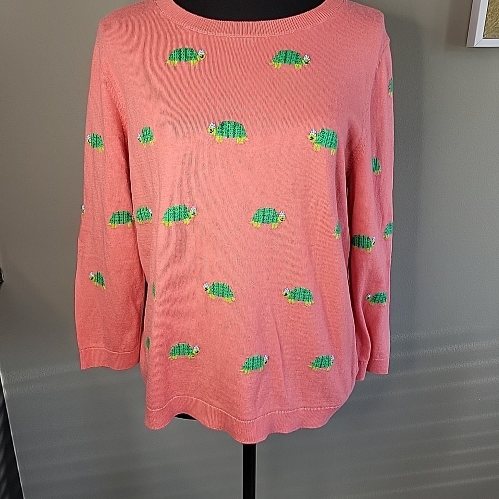 TALBOTS Women's Pink Knit Beaded Embroidered‎ Turtle Sweater Embellished Size L